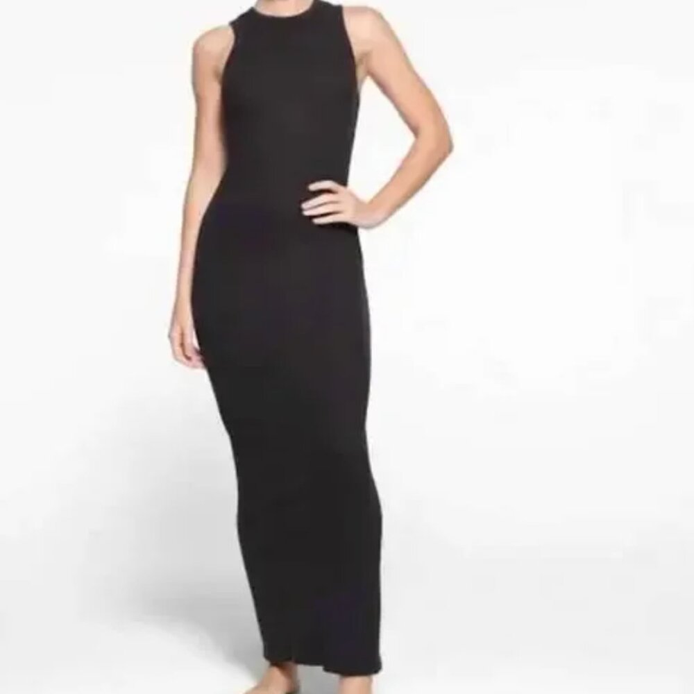 SKIMS Cotten Rib Sleeveless Long Dress Oynx in Size M NWT
